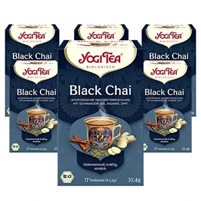 Abbildung von Yogi TEA, Black Chai, Schwarzer Ayurvedischer Bio Gewürz und Kräutertee, Mischung aus schwarzem Tee, Ingwer, Zimt, Tee 6er Pack, 6x17 Beutel (102 Teebeutel insgesamt), Ideal als Geschenk