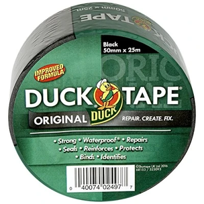 Abbildung von Duck Tape Original schwarzes Klebeband, verbesserte Formel, hohe Festigkeit, wasserdicht, Gaffer und Dukt Reparaturband, 50 mm x 25 m