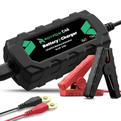 Abbildung von 12V LiFePO4 Lithium Batterieladegerät, RoyPow 3A Tropfladegerät mit Krokodilclip und Ringklemme