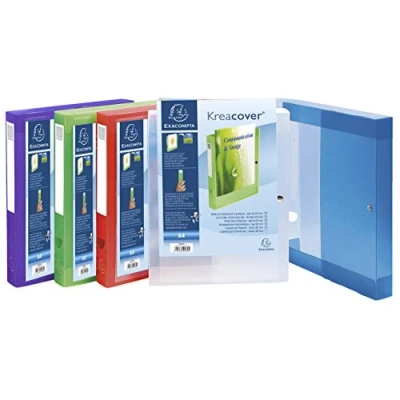 Abbildung von Exacompta 59988E 5er Pack Sammelbox KreaCover 40mm mit Gummizug aus transluzentem Kunststoff Klarsichthülle am Vorderdeckel und Druckknopf für DIN A4 Archivbox Heftbox Zeichenbox transparent