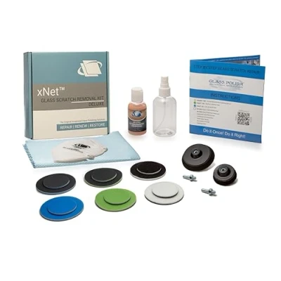 Abbildung von Glass Polish 28004 Deluxe Do it Yourself Kit zur Entfernung von Glaskratzern für alle Glasoberflächen Ø 50 mm und 75 mit Bohraufsatz