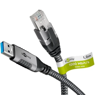 Abbildung von Goobay 1m LAN zu USB Kabel 1 Gbit Datenübertragung A 3.0 auf RJ45 Ethernet CAT 6 verbindet Router und Notebook oder PC Adapter für Laptop Ersetzt 70229