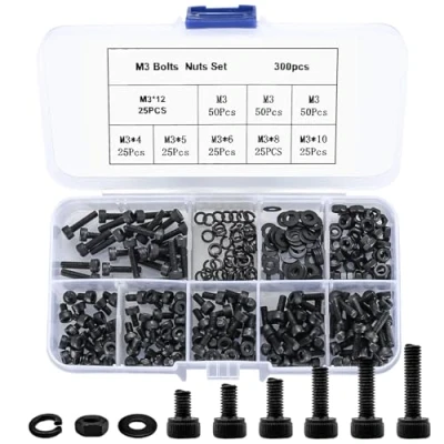 Abbildung von 300 Stücke Schrauben Muttern Set, M3 Hex Einfaßungs Maschinenschrauben, Unterlegscheiben Hardware Tools mit Kunststoffbox, Schraube Schraubenmutter Sortiment Schwarz