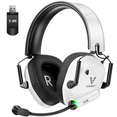 Abbildung von Vakedy Gaming Headset Wireless für PC,PS4,PS5,Mac,Switch, 2,4GHz USB mit Mikrofon, Bluetooth Headset,50mm Treiber,50 Stunden Akkulaufzeit,niedrige Latenz,leicht (Weiß)