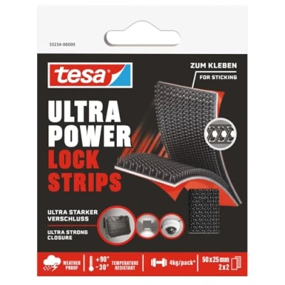 Abbildung von tesa Klett Klebeband Ultra Power Lock Strips, extra starkes selbstklebendes Klettband (Packung, 1 St., 4 Strips mit Klettverschluss (50 x 25 mm), hält bis zu kg/Packung) wetterbeständig, temperaturresistent, geeignet für innen und außen