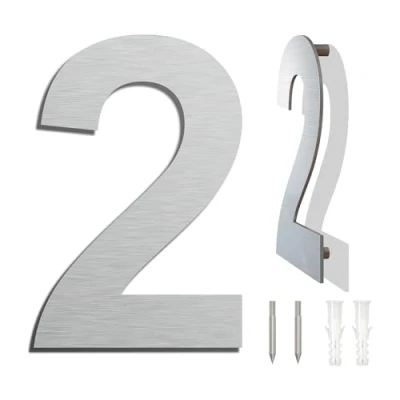 Abbildung von Edelstahl Hausnummer Wetterfest und Pflegeleicht Metallic Mattes Silber Finish Moderner Schwebender Aussehen Einfache Installation Höhe 152 mm Arial Ziffer 2