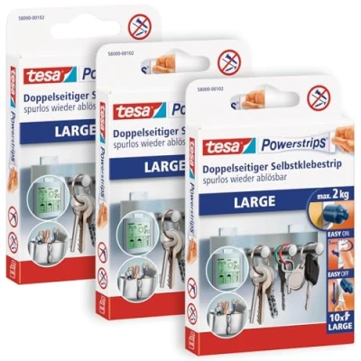 Abbildung von tesa Klebehaken, (Spar Set, 30 St., 3 x 10 Powerstrips® Large), Klebepads mit max. 2 kg Haltekraft 3er Pack je Stück