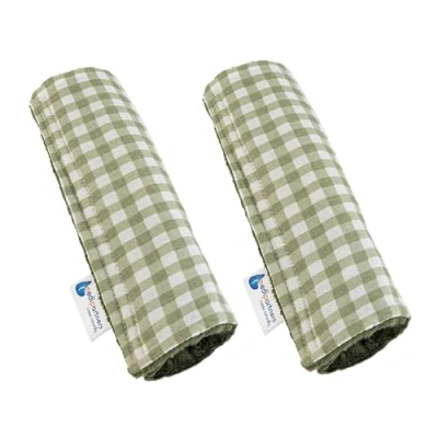 Abbildung von Medi Partners 2 Stück Gurtpolster Schulterpolster für Auto 17x22cm Baby 100% Baumwolle Minky doppelseitig Autogurt Gurtschutz Sportwagen scheuerstellen (Kariert mit olivfarbenem Minky)