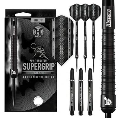 Abbildung von Harrows Supergrip Black Edition Dartset mit 90% Wolframstahlspitze. Erhältlich in 21 g, 22 23 24 25 26 28 g und 30 inklusive Schäften Flights (21G)