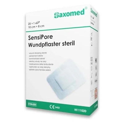 Abbildung von Saxomed SensiPore Pflaster 25 Stück Wundpflaster steril 10x8 Wundauflage nicht haftend 5x4 cm steriler Wundverband sensitiv Akute Wundversorgung und postoperatives