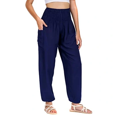 Abbildung von Lofbaz Damen Haremshose Yogahose Pumphose Hippie Hose Boho Kleidung Festival Outfit Sommerhose Leicht Sommer Hosen Solid 1 Dunkelblau 4XL Große Größen