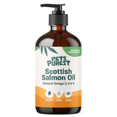 Abbildung von Pets Purest Lachsöl Hunde, Katzen und Heimtiere 500ml. Reichhaltiges Omega 3 6 9 Fischöl Futterzusatz. 100% natürliches für Fell, Immununterstützung, juckende Haut, Gelenk &amp; Gehirngesundheit
