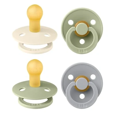 Abbildung von BIBS Colour Schnuller 4er Pack, BPA frei, Kirschform Nippel. Naturkautschuk/Latex, Hergestellt in Dänemark. 0 6 Monate (4er Pack), Sage Mix