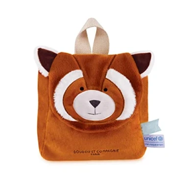 Abbildung von Doudou et Compagnie Rucksack Panda rot UNICEF 20 x 10 cm Klettverschluss verstellbare Träger Geschenkidee zur Geburt für Mädchen und Jungen ab 18 Monaten DC4063