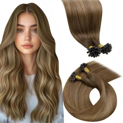Abbildung von LaaVoo 55cm Extensions Echthaar Bondings 1g Ombre Braun Bonding Balayage Blond Haarverlangerung Keratin U Tips Pre Bonded #6/8/14 1g/s 50G