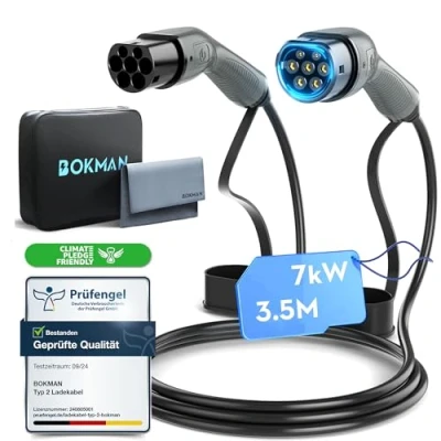 Abbildung von bokman Typ 2 Ladekabel, Modus 3 / 32A 7,2 kW 1 Phasig 3,5 Meter, auf EV Ladekabel für Elektroauto mit Tragetasche und Mikrofasertuch