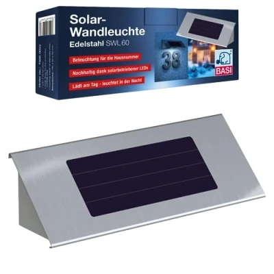 Abbildung von BASI LED Solar Wandleuchte aus Edelstahl für Hausnummern Beleuchtete Hausnummer Hausnummernleuchte Nachtleuchte Außenleuchte solarbetrieben inkl. Befestigungsmaterial
