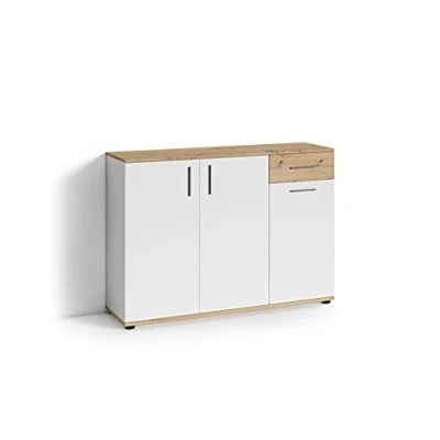 Abbildung von byLIVING Kommode Jakob / 3 türig mit 1 Schubkasten Schublade braun Eichen Optik/Sideboard matt weiß/B 110, H 83,5, T35,5 cm