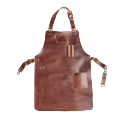 Abbildung von BURNHARD Grillschürze Leder Braun, Lederschürze 100% Büffelleder, Größenverstellbar, BBQ Schürze mit Taschen, Kochschürze