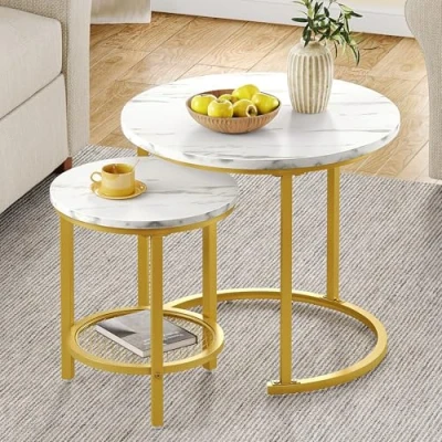 Abbildung von YITAHOME Couchtisch 2er Set Rund, Wohnzimmertisch Modern mit Stauraum, Beistelltisch Stapelbar Holzplatte und Metallrahmen, Couch Tisch Wohnzimmer Heimbüro