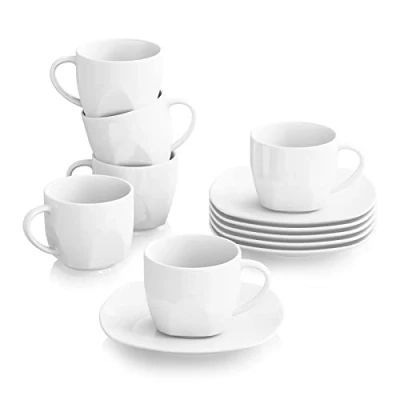 Abbildung von MALACASA, Serie Elisa, 12tlg. Set Cremeweiß Porzellan Kaffeeservice Kaffeebecher Set, Kaffeetassen mit Untertassen für 6 Personen Kaffee, Tee, Desserts