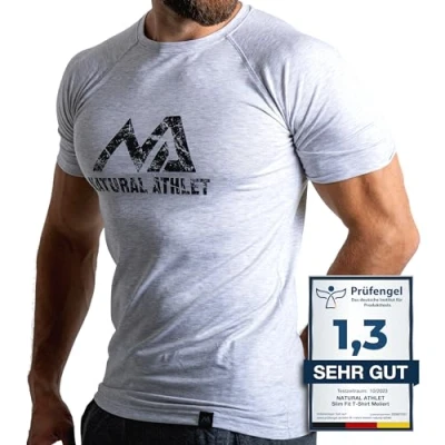 Abbildung von Herren Fitness T Shirt meliert Männer Kurzarm für Gym &amp; Training Passform Slim Fit, lang mit Rundhals, Hellgrau, XL