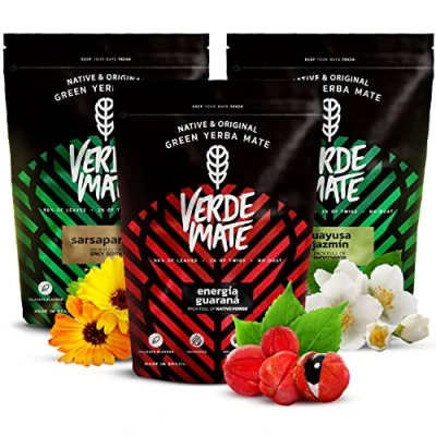 Abbildung von Kräuter Yerba Mate Set mit Kräutern Verde Green Energia Guarana, Guayusa Jazmin, Sarsaparilla Brasilianische grün 3x500g