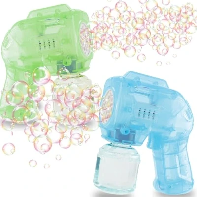 Abbildung von Blubbel 2X Seifenblasenpistole Set, LED Seifenblasenmaschine, 50ml Seifenblasenflüssigkeit Tank, Seifenblasen Pistole, Blasen Kanone, Luftblasen Bazooka Bubble Gun, Geschenke für Kinder, Hochzeit