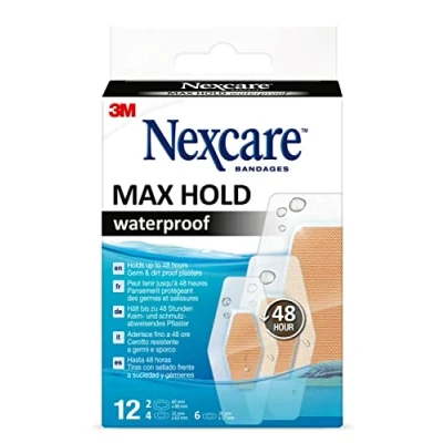 Abbildung von Nexcare Max Hold wasserfeste Pflaster, Verschiedene Größen, 12 Pflaster pro Packung, Atmungsaktive und wasserdichte für kleine Wunden Kratzer, Erste Hilfe Kits