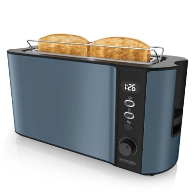 Abbildung von Arendo Toaster Langschlitz 2 Scheiben Defrost Funktion 1000 W Doppelwandgehäuse Integrierter Brötchenaufsatz Bräunungsgrade 1 6 Display mit Restzeitanzeige Edelstahl Admiralblau