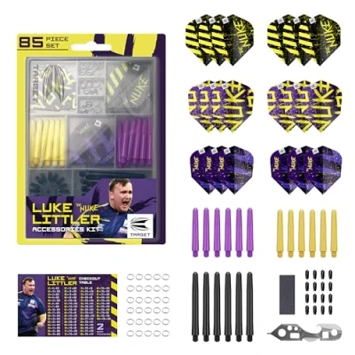 Abbildung von Target Darts Luke Littler Dart Accessories Set Das Nuke 85 teilige Set, einschließlich Flüge und Protektoren, Schäfte, Flight Protektor, Multifunktionswerkzeug, Dartspitzenschärfer Stahl