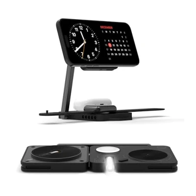Abbildung von Aulumu M01 Kabellose Ladestation [Kompatibel mit Magsafe] 3 in 1 Zusammenklappbares magnetisches kabelloses Ladegerät [Ohne USB Ladegerät] Schwarz