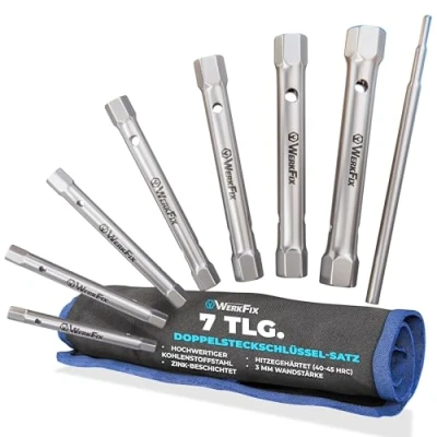 Abbildung von S&amp;R WerkFix Rohrsteckschlüssel set 7 tlg. mit Drehstange : 6/7, 8/9, 10/11, 12/13, 14/15, 16/17, 18/19 mm aus CrV Stahl in der Rolltasche