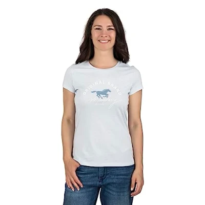 Abbildung von MUSTANG Damen T Shirt Rundhals O Neck Basic Slim Fit Kurzarm Logo Print Sommer 100% Baumwolle Weiß Blau Grün Rot S M L XL XXL, Größe:XL, Farbe:Hellblau (1014028 5022)