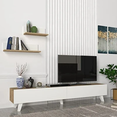 Abbildung von en.casa TV Schrank »Saarijärvi« Fernsehtisch mit 2 Regalen Eiche Optik/Weiß