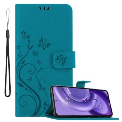 Abbildung von Cadorabo Hülle kompatibel mit Motorola Edge 30 NEO Blumen Design aus Premium Kunst Leder Flip Klappbare Stoßfeste Magnetische [Standfunktion] [Kartenfächern] Cover Case Tasche in Blau