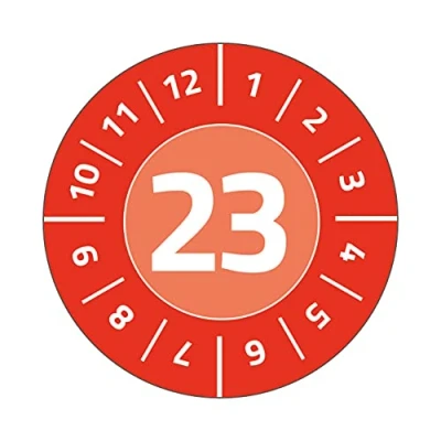 Abbildung von AVERY Zweckform 80 Prüfplaketten mit Jahreszahl 2023 (fälschungssicher, stark selbstklebend, Ø 30 mm, Prüfaufkleber, beschriftbare Prüfsiegel aus Dokumentenfolie) Art. 6946 2023, rot