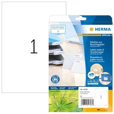 Abbildung von HERMA 10708 Recycling Etiketten, 20 Blatt, 210 x 297 mm, 1 pro A4 Bogen, Stück, selbstklebend, bedruckbar, matt, blanko Papier Klebeetiketten Aufkleber, natur weiß