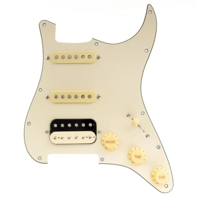 Abbildung von Musiclily Pro SE ST HSS 60SE Loaded Pickguard Vorverdrahtetes Schlagbrett mit Alnico 5 Tonabnehmer Weg Super Schalter für Strat Style E Gitarre, 3 lagig Crème