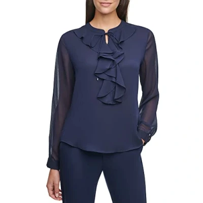 Abbildung von Tommy Hilfiger Damen Classic Long Sleeve Ruffle Front Blouse Bluse, Mitternacht/Ausflug, einfarbig (Midnight//Getaway Solids), X Groß