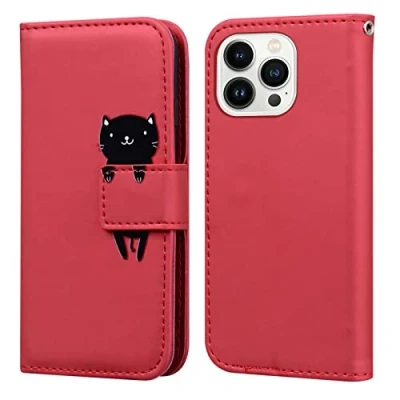 Abbildung von Bartern Handyhülle für Apple iPhone 13 Pro,iPhone Pro Hülle,Karikatur Katze PU Leder Klappbar Wallet Schutzhülle Tasche Klapphülle mit Magnetisch Kartenfach Standfunktion,Rot