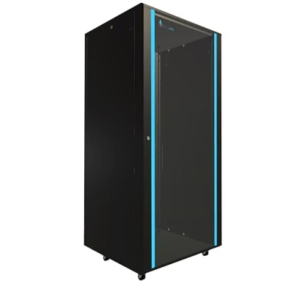 Abbildung von Netzwerkschrank 19 Zoll 37 HE 800x800 freistehend abnehmbare Seitenwände selbstmontierender Rahmen Serverschrank für Switches UPS Server gehärtetes Glas Schwarz Rack
