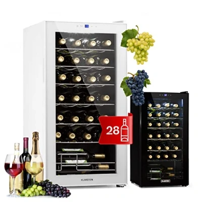 Abbildung von Klarstein Weinkühlschrank, 1 Zonen Getränkekühlschrank Klein, Freistehender Kleiner Weinschrank, 74L Wein Kühlschrank mit Glastür, Indoor/Outdoor Flaschenkühlschrank, Wine Fridge 28 Flaschen