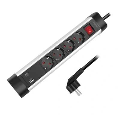Abbildung von Steckdosenleiste 4 Fach mit EIN/AUS Schalter, 4X Schutzkontaktbuchse (CEE 7/3), 1x USB A &amp; C Schnellladen, Kabellänge = 1,5m