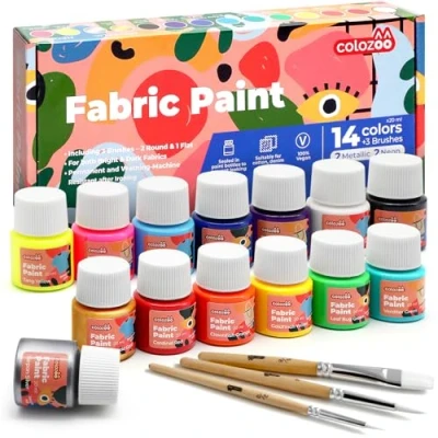 Abbildung von colozoo Textilfarbe Waschmaschinenfest 14x20ml Waschfestes Set inkl. Gold, Silber, 2 Neonfarben &amp; 3 Pinsel Zum Malen auf dunklen und hellen Stoffen