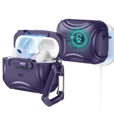 Abbildung von ESR für AirPods Pro 2 Hülle, kompatibel mit 2./1. Generation (2023/2022/2019), USB C/Lightning Kabel, MagSafe bereit, sicherer Verschluss, einfaches Öffnen, Cyber Serie, Grau