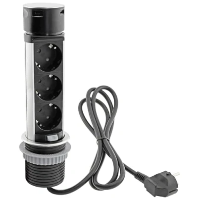 Abbildung von ChiliTec Schreibtisch Einbausteckdose 3x + 1xUSB A+C versenkbar, Edelstahl, Mehrfachsteckdose