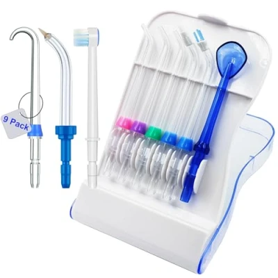 Abbildung von Ersatzspitzen kompatibel mit Waterpik Water Flosser, Aufbewahrungsbox und 9 Spitzen, Aquarius weiß WP 660, 580, WF 20, CC 04, 662, 667CD