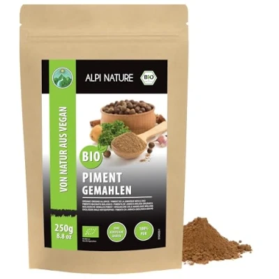 Abbildung von Bio Piment gemahlen (250g), Pimentpulver, Pimentkörner aus kontrolliert biologischem Anbau, Pulver 100% natürlich, ohne Zusätze, Pimentsamen