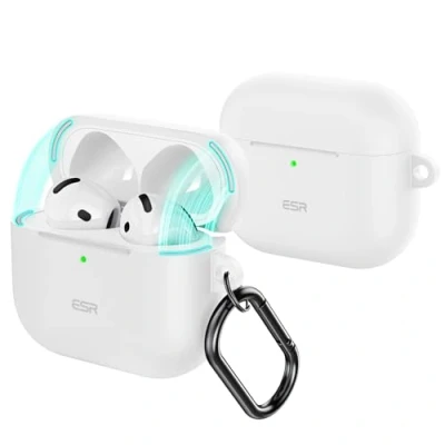 Abbildung von ESR für AirPods 4 Hülle, Kompatibel mit 4. Generation (2024) (USB C), Magnetischer Deckel, Voller Sturzschutz Karabiner, Cloud Serie, Weiß
